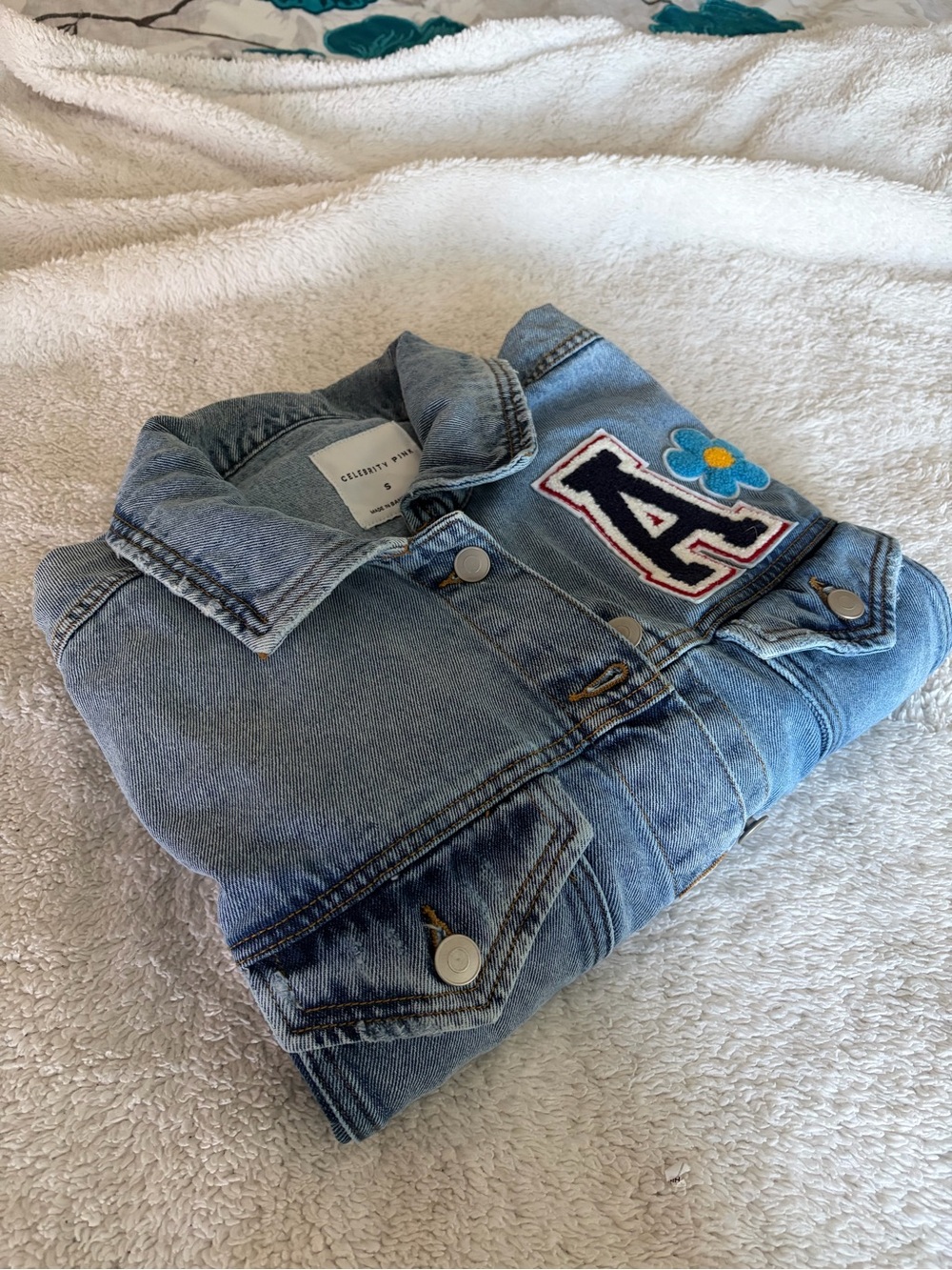 Celebrity Pink Light Blue Denim Jacket with 'A' Patch and Flowers Y2K Distressed